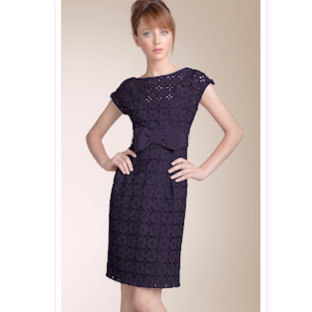 NANETTE LEPORE Retro Early 60s Navy Blue Eyelet Quiet Luxury Sheath Dress Sz 10